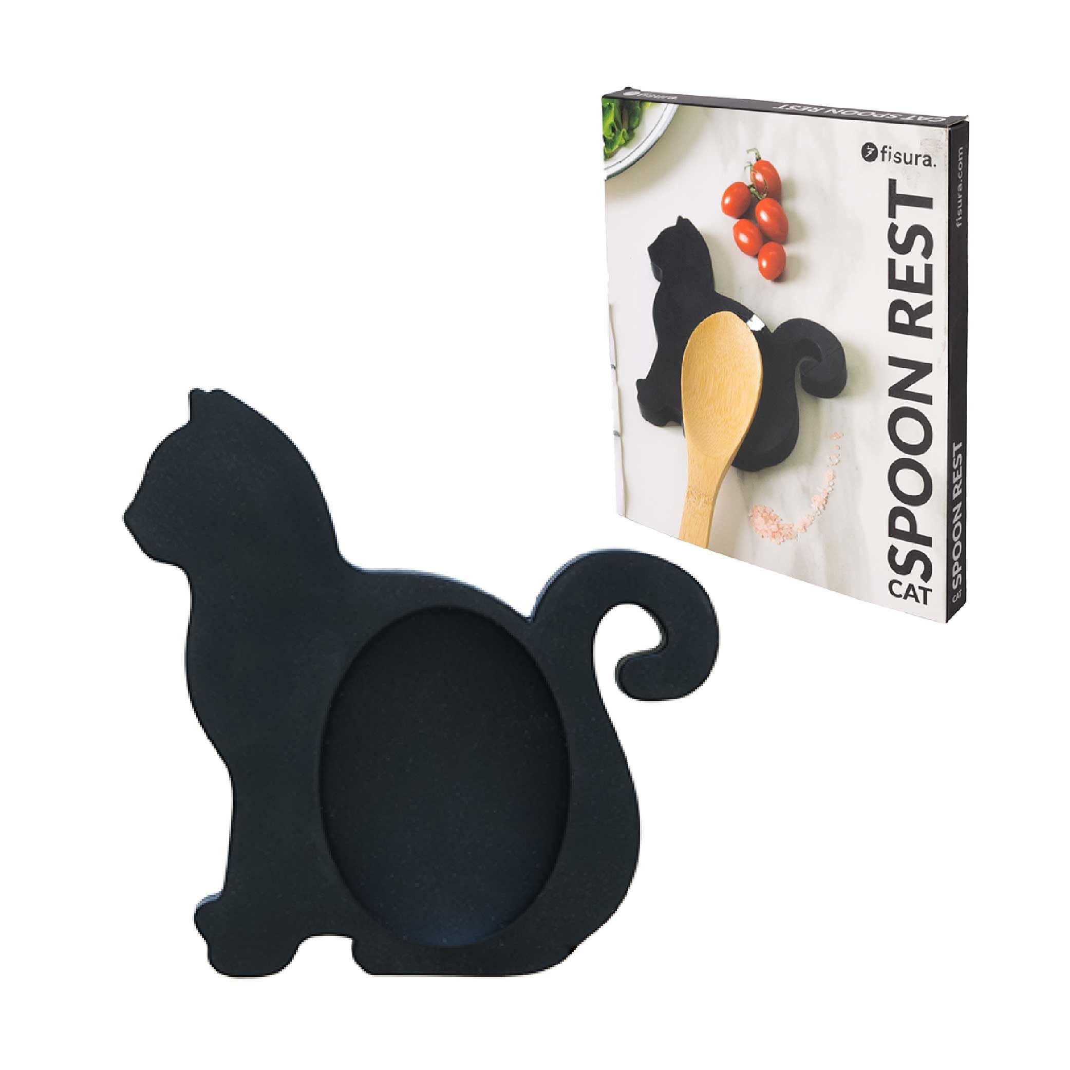 FISURA - Originale poggia-cucchiaio a forma di gatto. Poggia cucchiaio in silicone. Portautensili nero. 12x12 centimetri.
