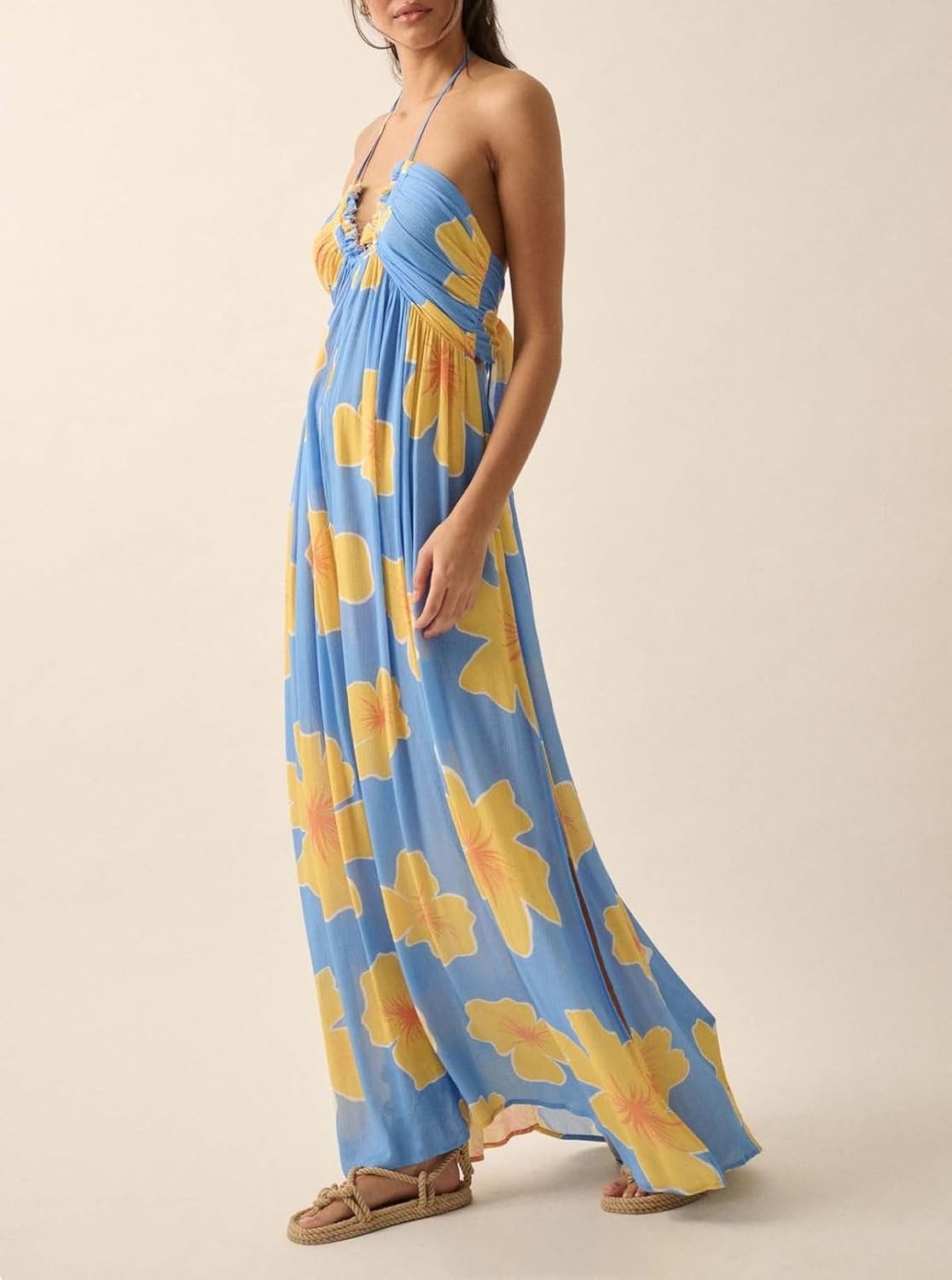 Women's Summer Boho Halter Neck Floral Maxi Sundress Sexy Sleeveless Tie Backless Low Cut Long Flowy Ruffle Dress - Image 2