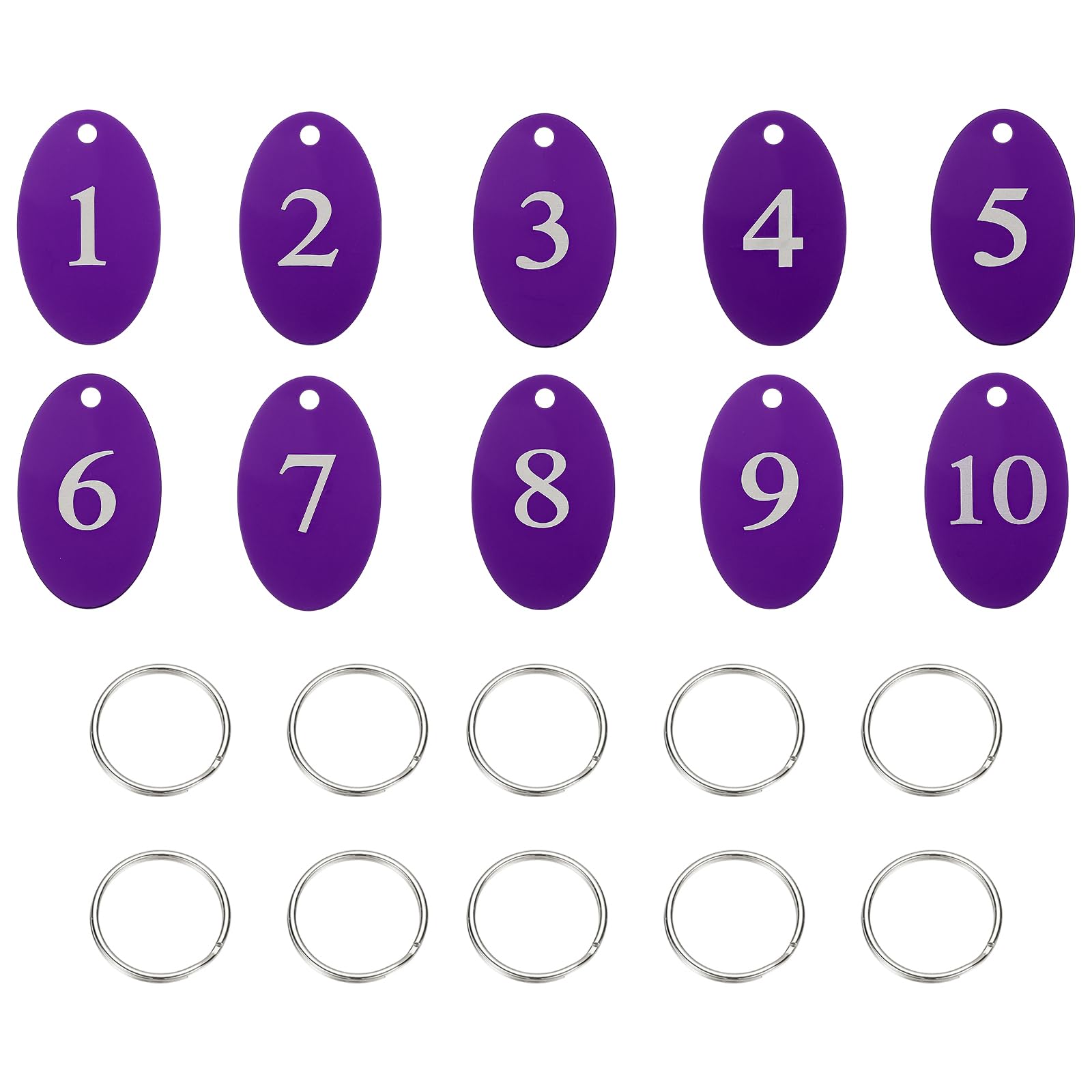 PATIKIL 10PCS Number Tags 1-10, Table Number Key Tags Aluminum Numbered Keychain Metal Oval with Key Rings for Organizer Field Sales Hangers Clothes Labels ID, Purple