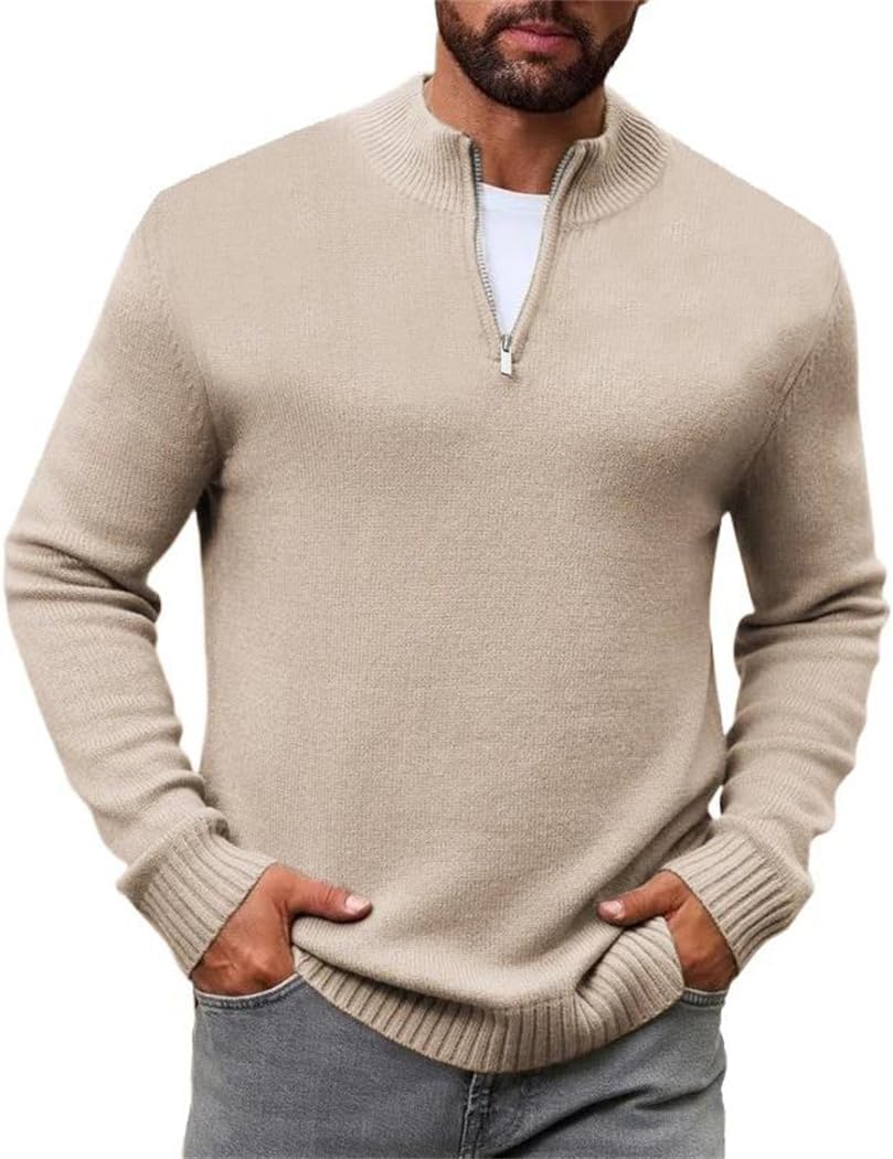Men Quarter Zip Knit Polo Sweater Mock Neck Long Sleeve Casual Pullover Warm Winter Top