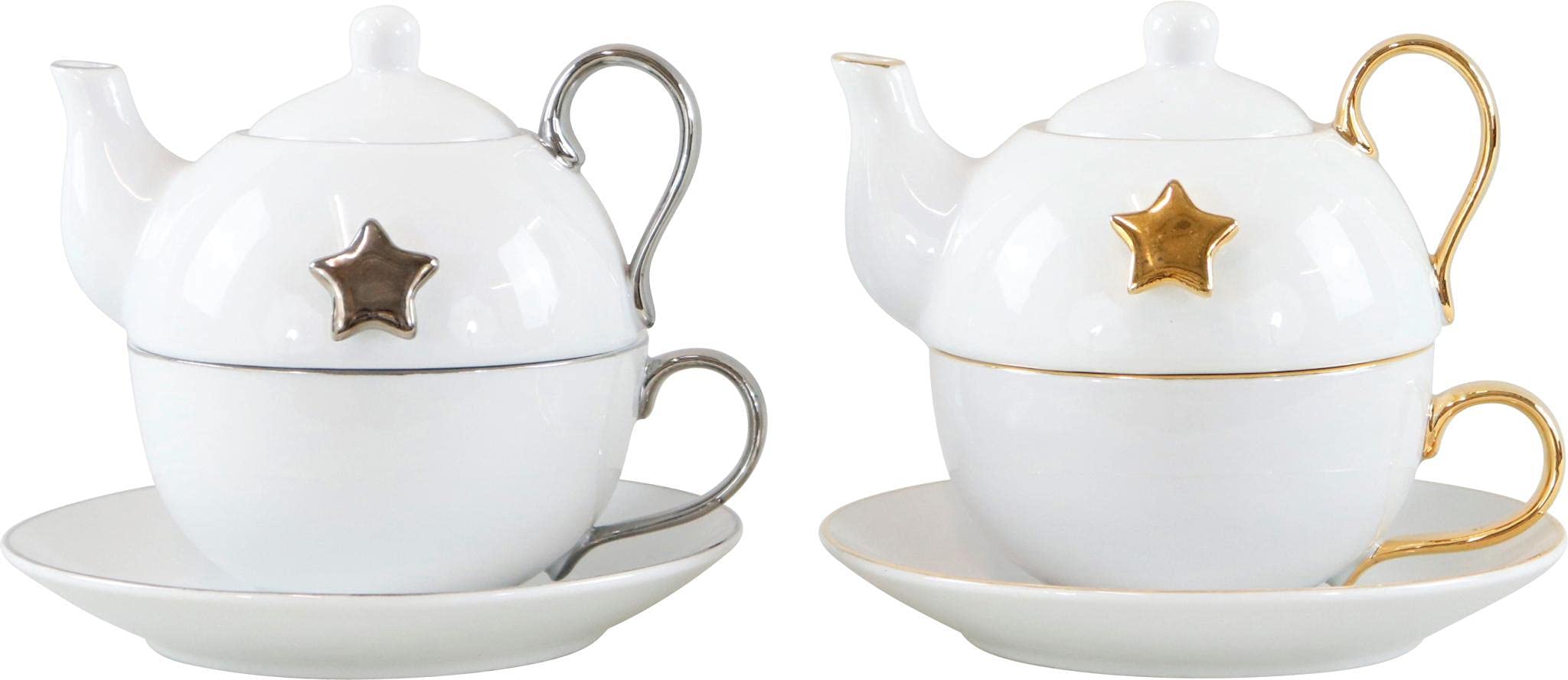 Tea For One In Porcellana Bianca Con Decori Oro E Argento Stella - Set Da Tè: Teiera, Tazza E Piattino