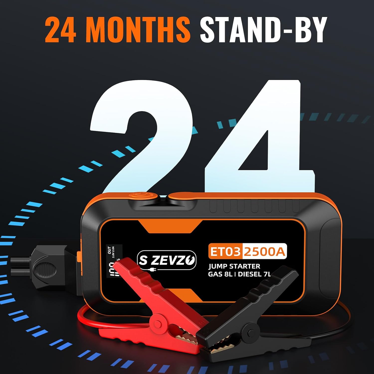 S ZEVZO ET03 Car Jump Starter 2500A Jump Starter Battery Pack for Up to 8.0L Gas and 7.0L Diesel Engines, 74Wh Portable 12V Jump Box with USB Ports, LCD Display, Flashlight and Storage Case (Orange)