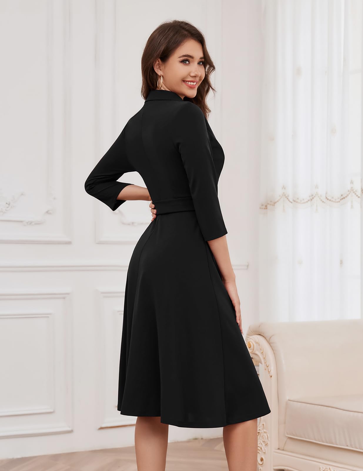 Meetjen Damska sukienka herbaciana w stylu vintage, jesienna, dopasowana i rozkloszowana, z rękawami 3/4, elegancka sukienka koktajlowa, formalna sukienka kościelna 2025