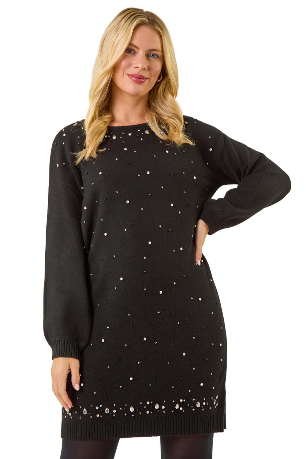 Roman Originals Women's Black Roman Petite Embellished Knit Dress For Uk - Everyday Autumn Winter Round Neckline Comfy Soft Evening Vacation Work Party Night Out - Petite - Size 12