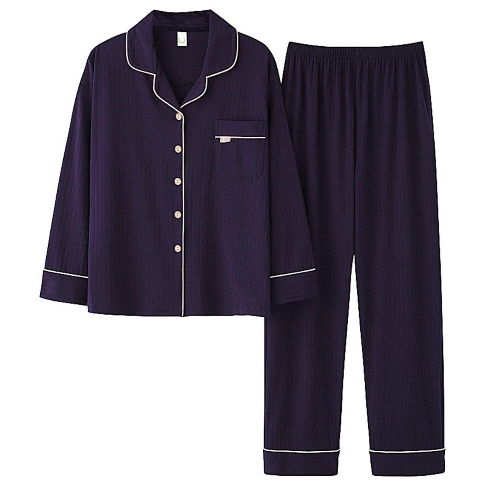 Pijamas de Franela de Invierno y otoño para Mujer y Hombre, Conjuntos de Pijama de 2 Piezas a la Moda, de otoño y algodón Puro, de Manga Larga con Solapa, Sencillos, de algodón azu