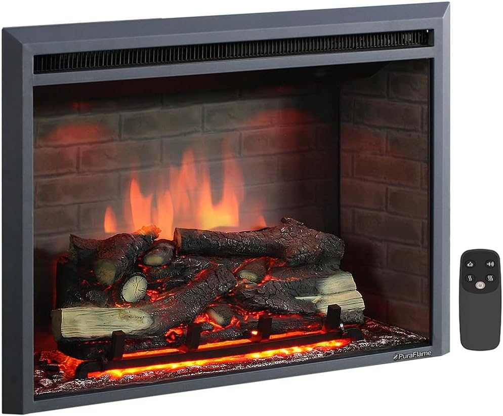 PuraFlame Western Electric Fireplace Insert with Fire Crackling Sound, Remote Control, 750/1500W, Black, 29 59/64 Inches Wide, 23 3/16 Inches High