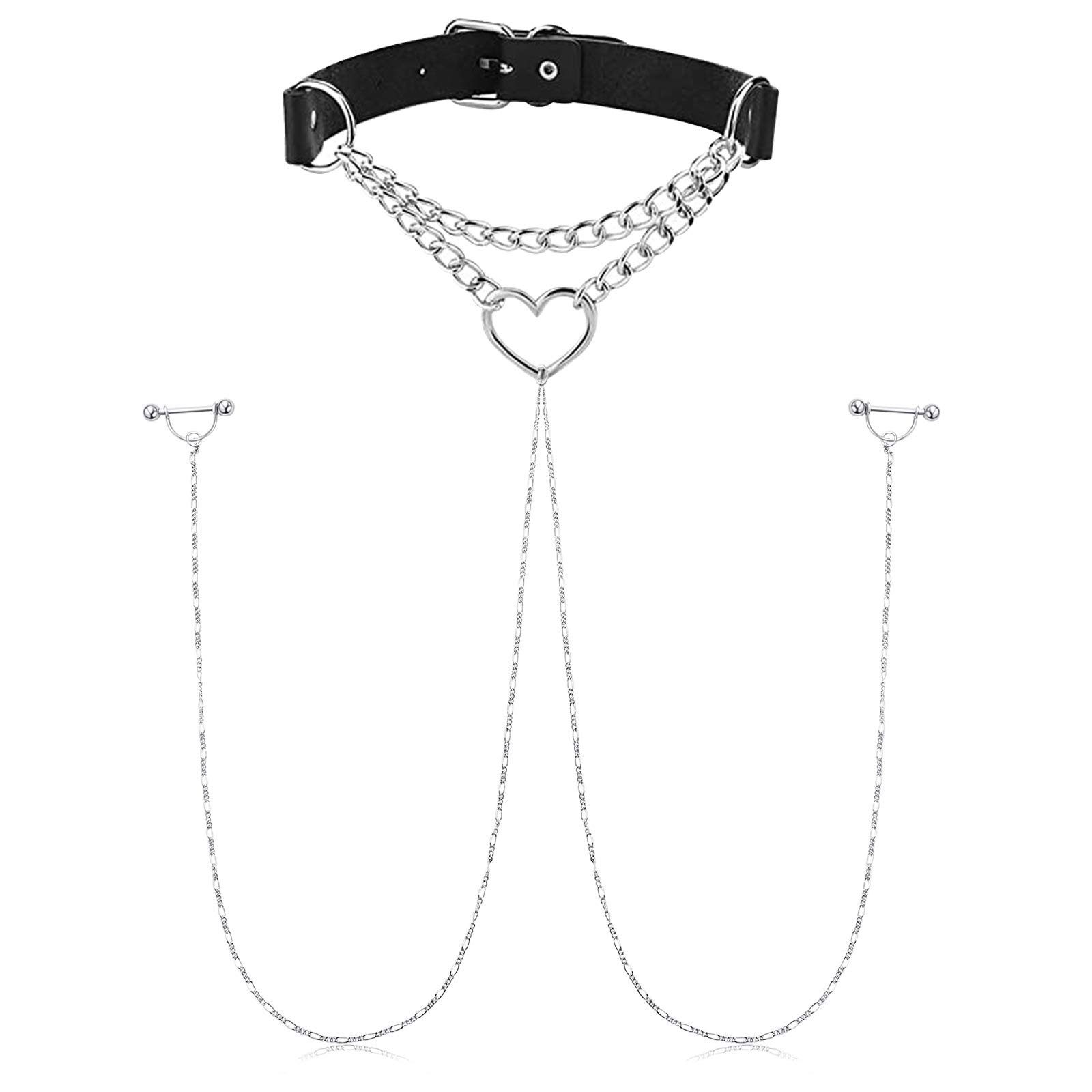 JFORYOUNipple Ring with Choker Necklaces Stainless Steel Nipple Rings Chain Heart Cat Head Punk Chokers for Women Nipple Barbell Piercing Jewelry