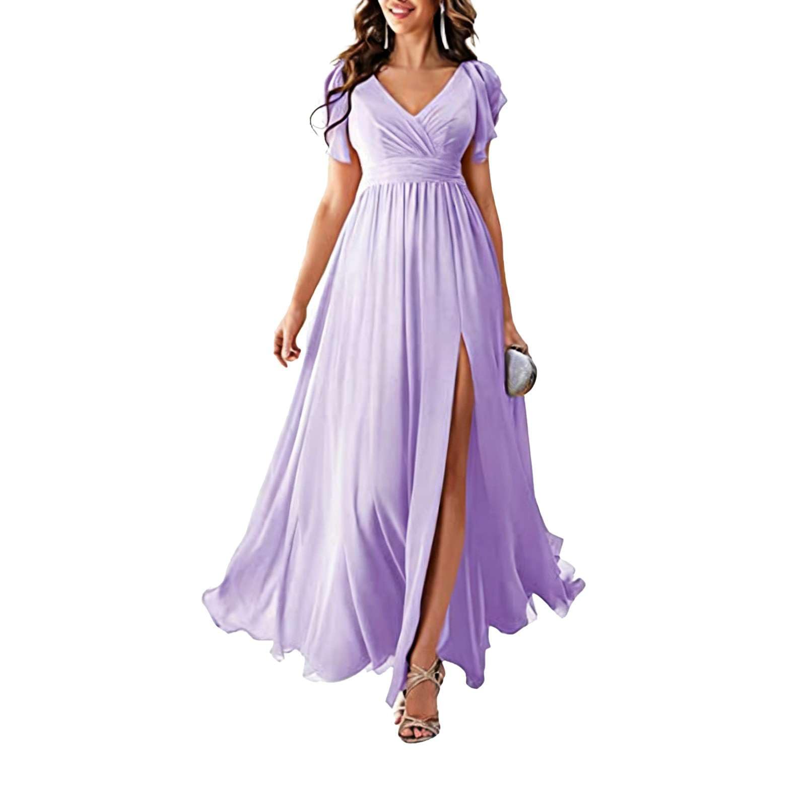 Generisch Kleid Hochzeitsgast Damen - Elegant Lang Chiffon Brautjungfernkleid V-Ausschnitt Schlitz Abendkleid Fließend Abendkleid Curvy Ballkleider Luftig Maxikleid Sommer Cocktailkleid Große Größen