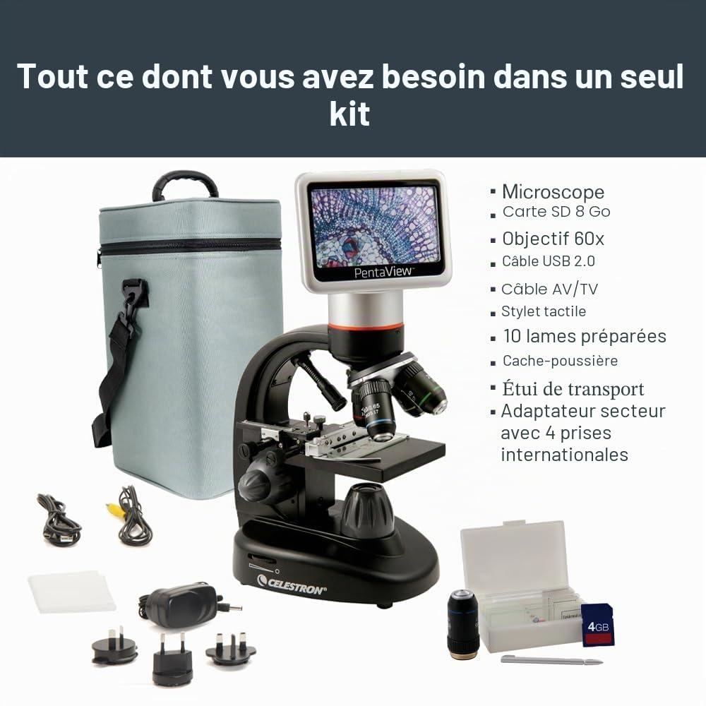 Celestron 44348 Microscope numérique PentaView à écran LCD, grossissement 40x-60x, noir/argenté