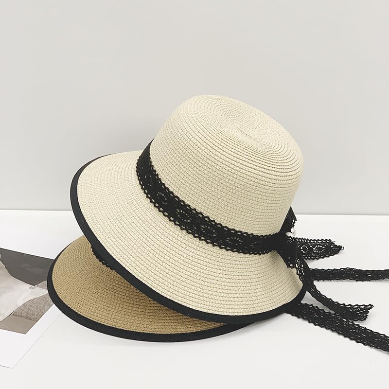 Sombrero de Paja de Verano para Mujer,de ala Ancha,Ligero,con Lazo de Encaje de Perlas,Plegable,Transpirable,para Playa,para Actividades Al Aire Libre