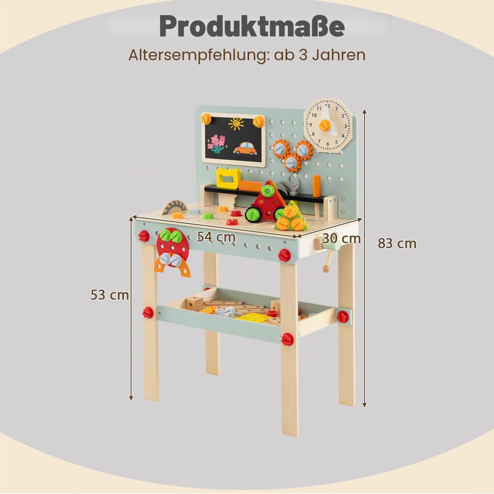 HOMASIS Werkzeugbank Kinder, Werkbank Spielwerkbank Holz, Werkstatt mit 33 TLG. Zubehör & Tafel & Arbeitsplatte & unteren Ablage, Spielzeug-Werkbank Kinderwerkbank ab 3 Jahre (54x30x83cm)