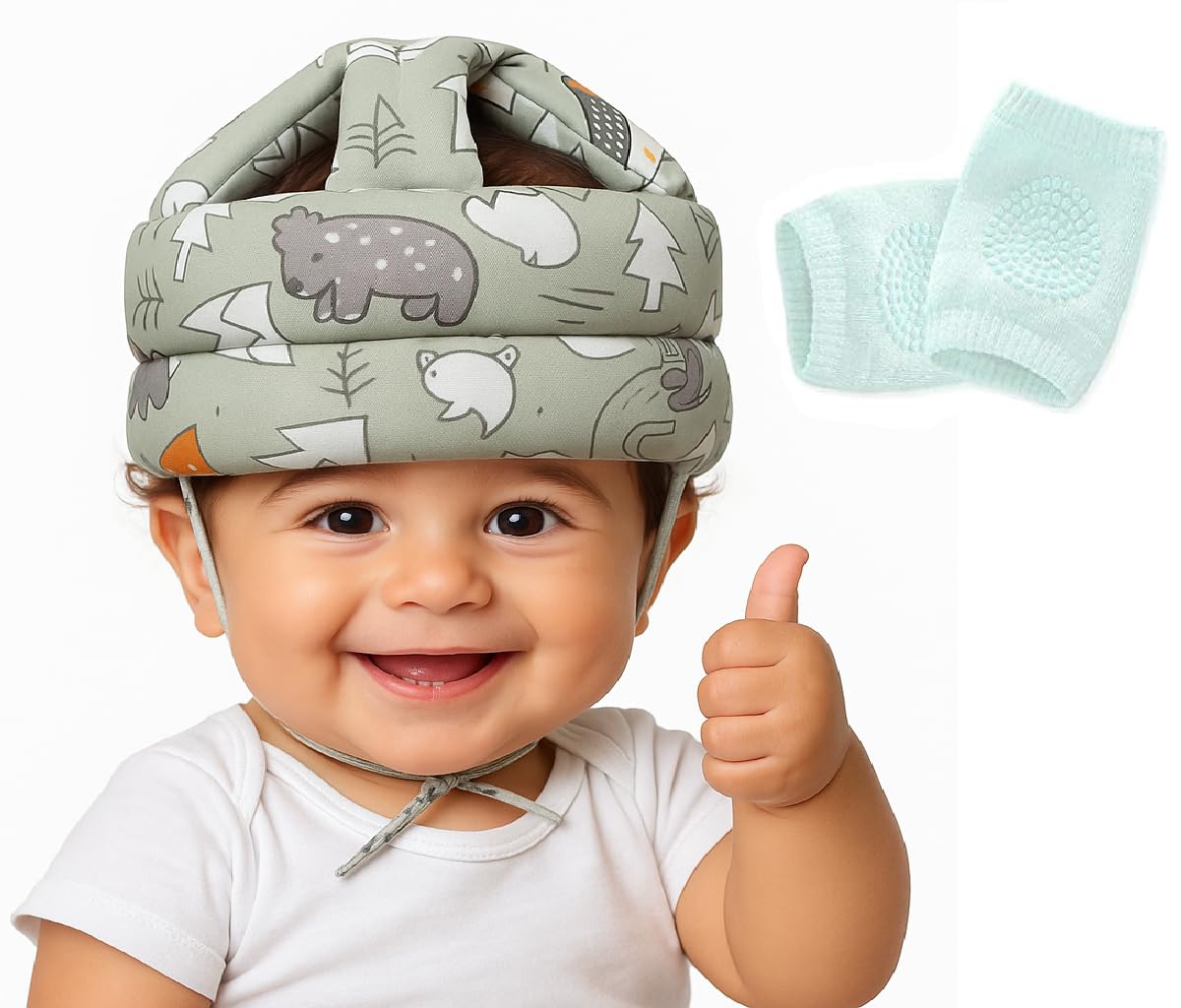 TULOO Baby Infant Toddler Helmet No Bump Safety Head Cushion Bumper Bonnet Adjustable Protective Printed Cap Child Safety Headguard for Running Walking Crawling Safety Helmet (Green with Knee Pad)-image-31