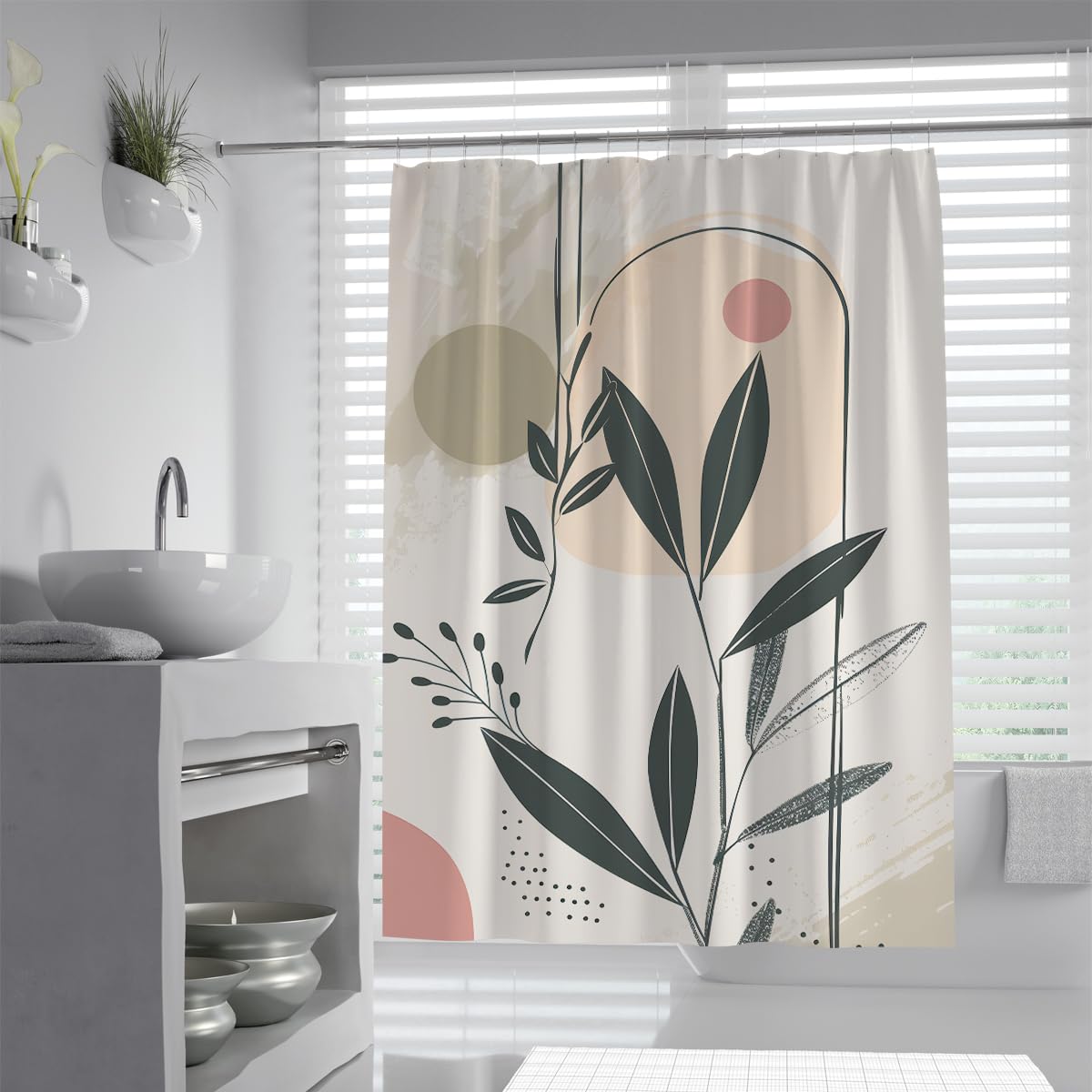 UIRINGART Abstract Shower Curtain W150xL180cm Geometric Arch Green Leaves Art Mould Proof Easy To Clean Polyester Fabric Lightweight Bathroom Bathtub Curtains