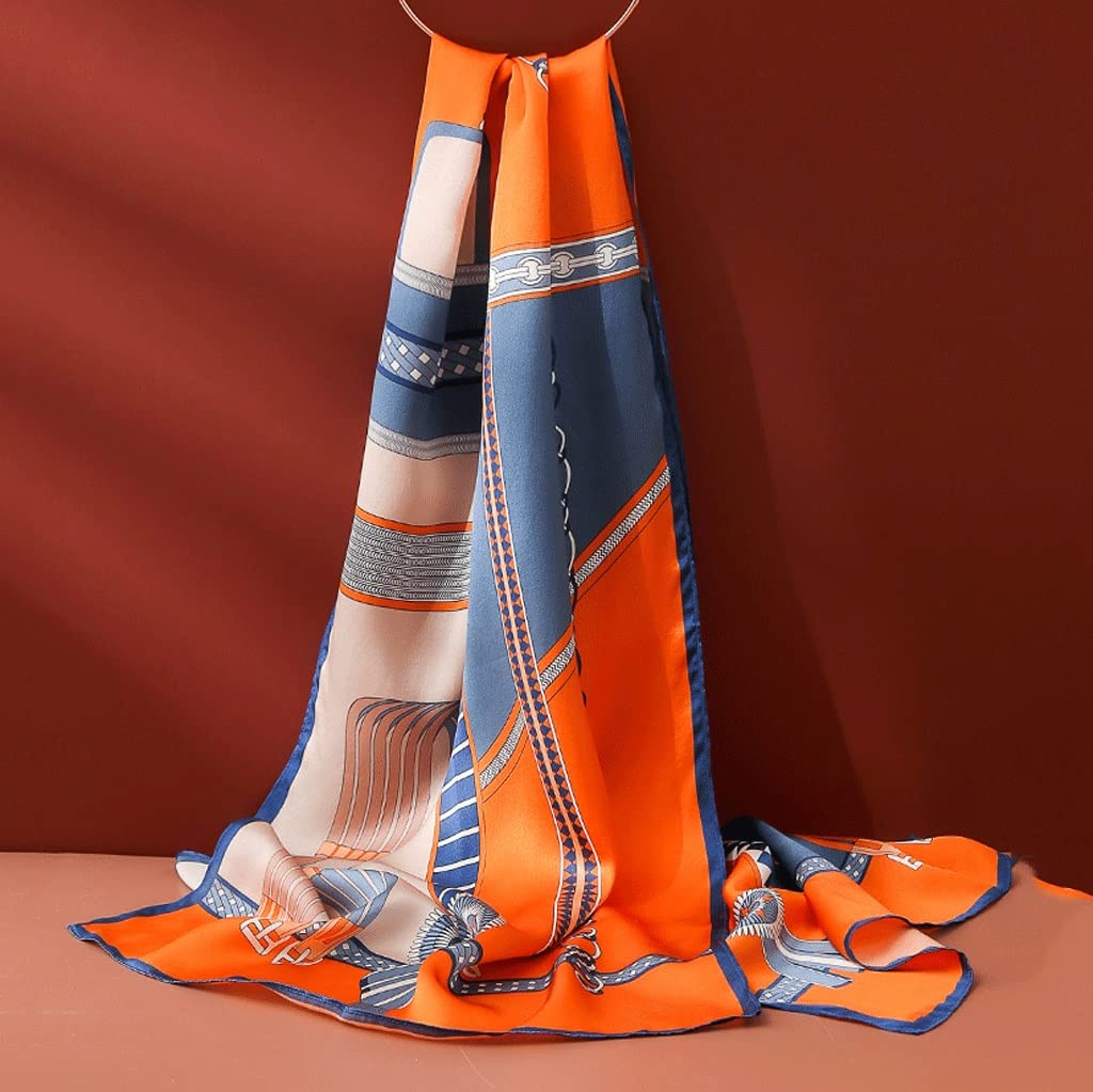 Sciarpa di seta stampata da donna Primavera ed estate Sciarpa lunga per tutti i fiammiferi Scialle Regalo a doppio scopo Madre (Colore: Blu+Arancio, Dimensioni: 182 * 56 cm) (Blu+arancione 182*56 cm)