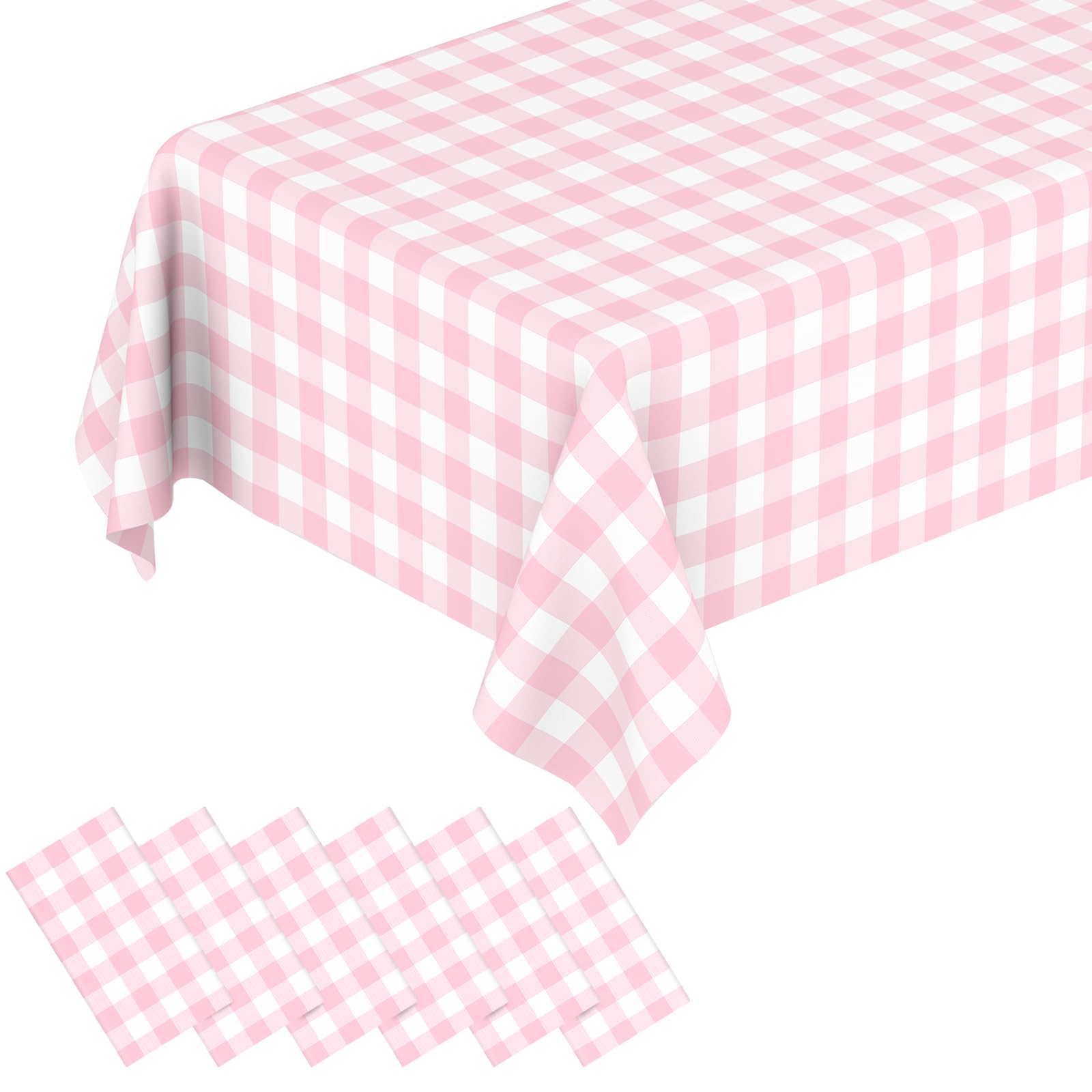 QISOLIY 6 Pack Pink and White Checkered Tablecloth, Pink Plastic Table Cloths for Parties Disposable, Rectangular Pink Gingham Camping Tablecloth for Birthday, Party, Picnic 54 x 108 inch