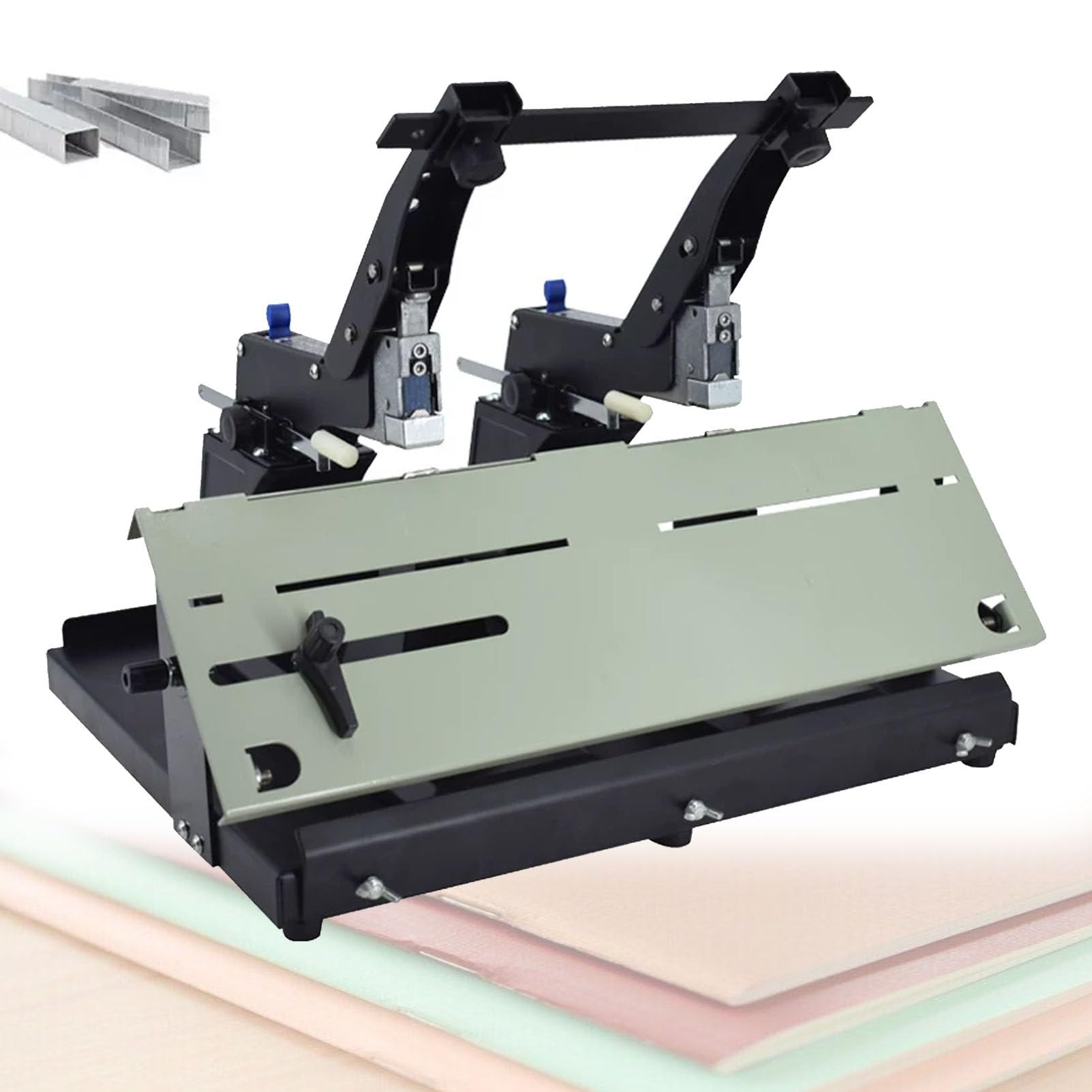Cucitrice a Doppia Testa per Impieghi Gravosi, Macchina Manuale per Cucitura a Sella E Cucitura a Piatto, capacità di 60 Fogli, Piano di Lavoro Extra-Largo da 44CM, per Uffici, Tipografie
