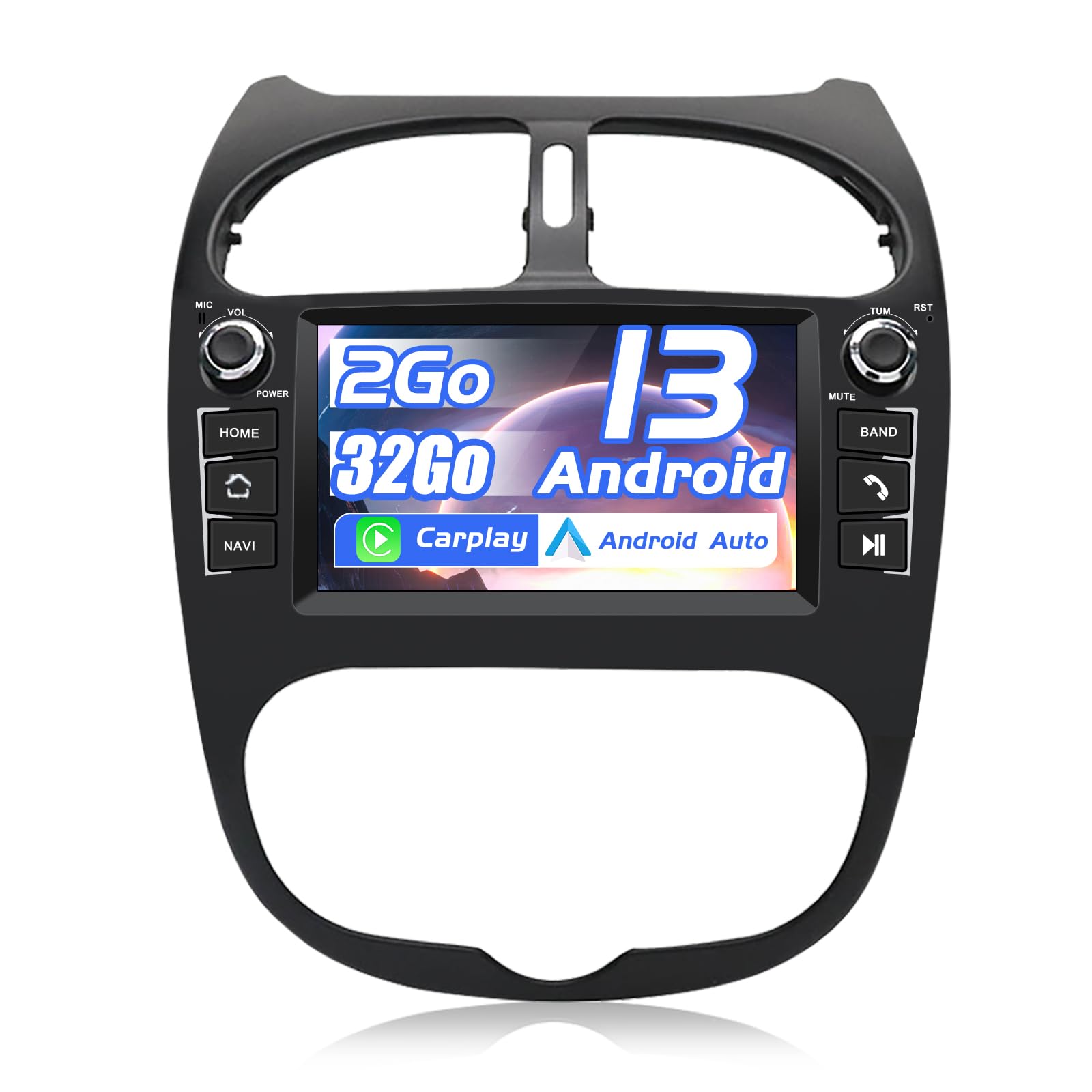 AWESAFE Autoradio Android 13 pour Peugeot 206/206cc (2002-2010), Écran Tactile 7 Pouces 2Go+32Go, CarPlay & Android Auto, GPS WiFi Bluetooth FM, Commandes au Volant, MirrorLink, Aide au Stationnement