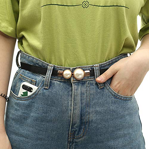 2 Pack Women Retro Elastic Stretch Belt for Dresses Pearl Metal Buckle Skinny Waist Belt Waistband 2cm Wide3