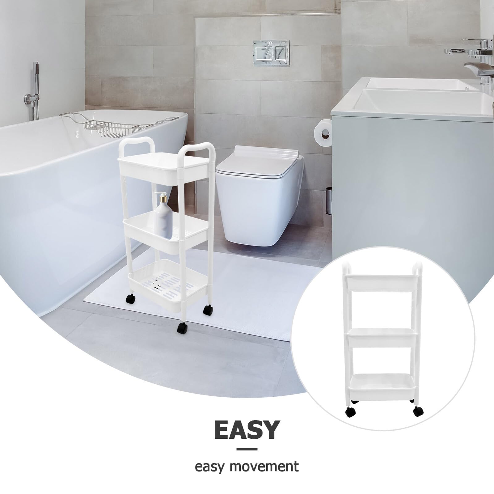 Toyvian Scaffale Multiuso con Ruote Bianco, Carrello Portatile in Pp a 3 Livelli, Design Stretto per Bagno o Ufficio, Robusto e Facile da Spostare