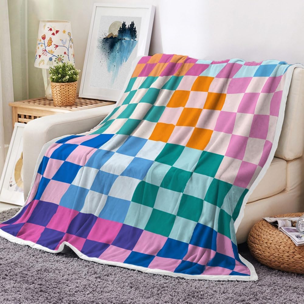 Checkerboard Grid Pattern Throw Blanket, Colorful Checkered Retro Soft Warm Cozy Plush Comfy Blanket for Couch Bed Sofa, Aesthetic 70S Groovy Cute