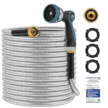 TOYSARC Tubo da Giardino in Acciaio Inox 7.5m, Tubo Acqua Giardino in Metallo con 10 Tipi di Getto, Robusto Resistente Alla Corrosione, non si Annoda e non si Attorciglia, Giardinaggio Facile