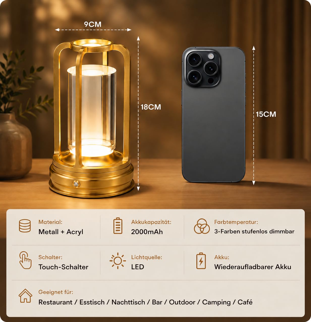 2er Set Tischlampe Kabellos mit Akku, LED Touch Lampe Dimmbar, USB-C Wiederaufladbar, 3 Farbtemperaturen, Aluminium Tischleuchte für Restaurant, Café, Hotel, Schlafzimmer, Gold