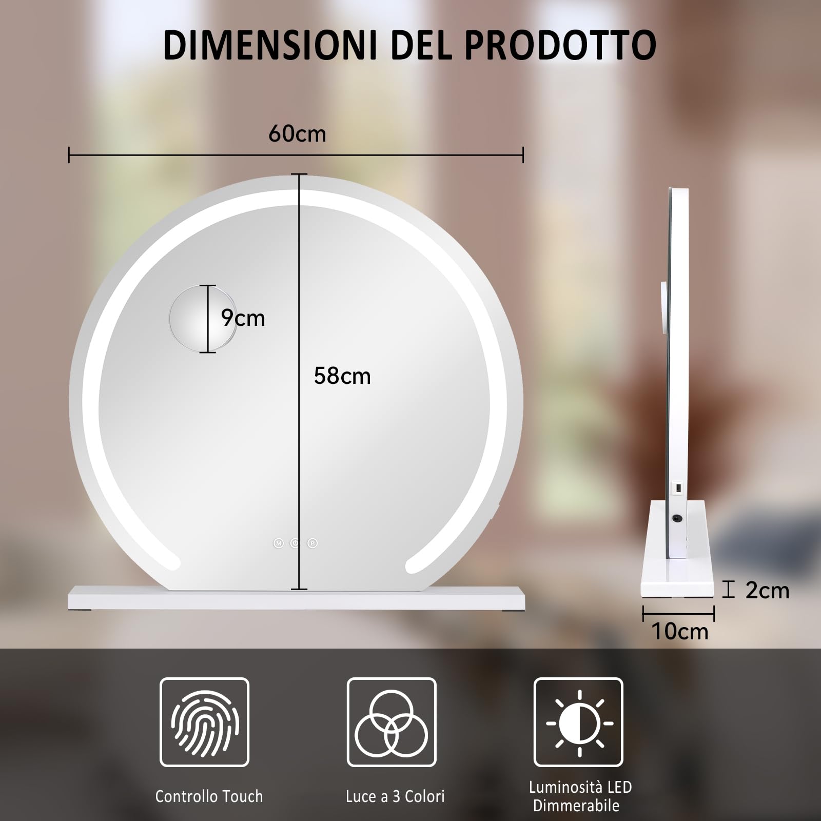 YU YUSING Specchio Trucco con Luci Rotondo Hollywood, 60X58cm Specchio Led Trucco USB, 3 Temperature di Colore, Specchio da Tavolo 10X, Specchio Cosmetico Parete, Bianco