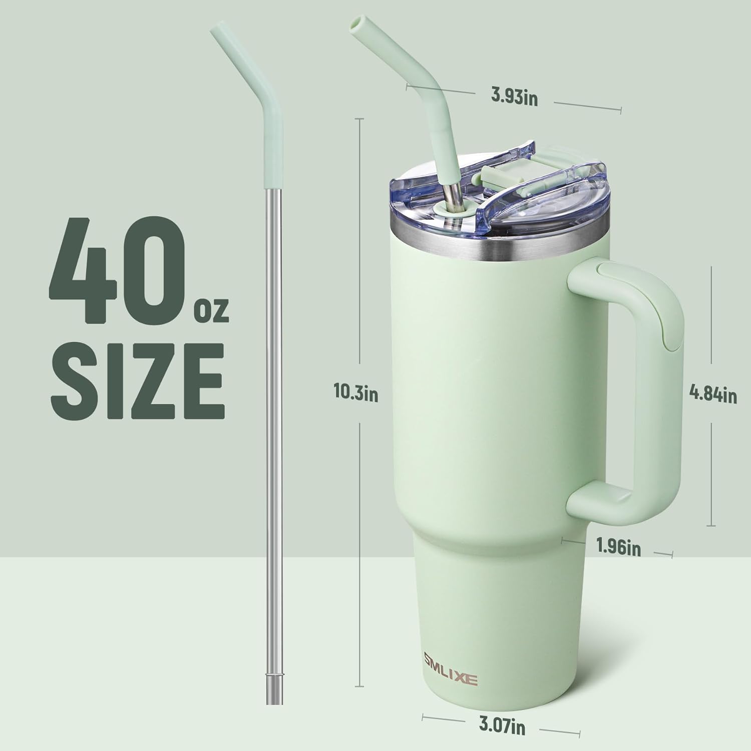 40 oz Tumbler with Handle and Straw Lid,Insulated Reusable Stainless Steel Water Bottle Travel Mug，Cupholder Friendly Double Wall Vacuum Sealed Cup (Light Green) - Image 3
