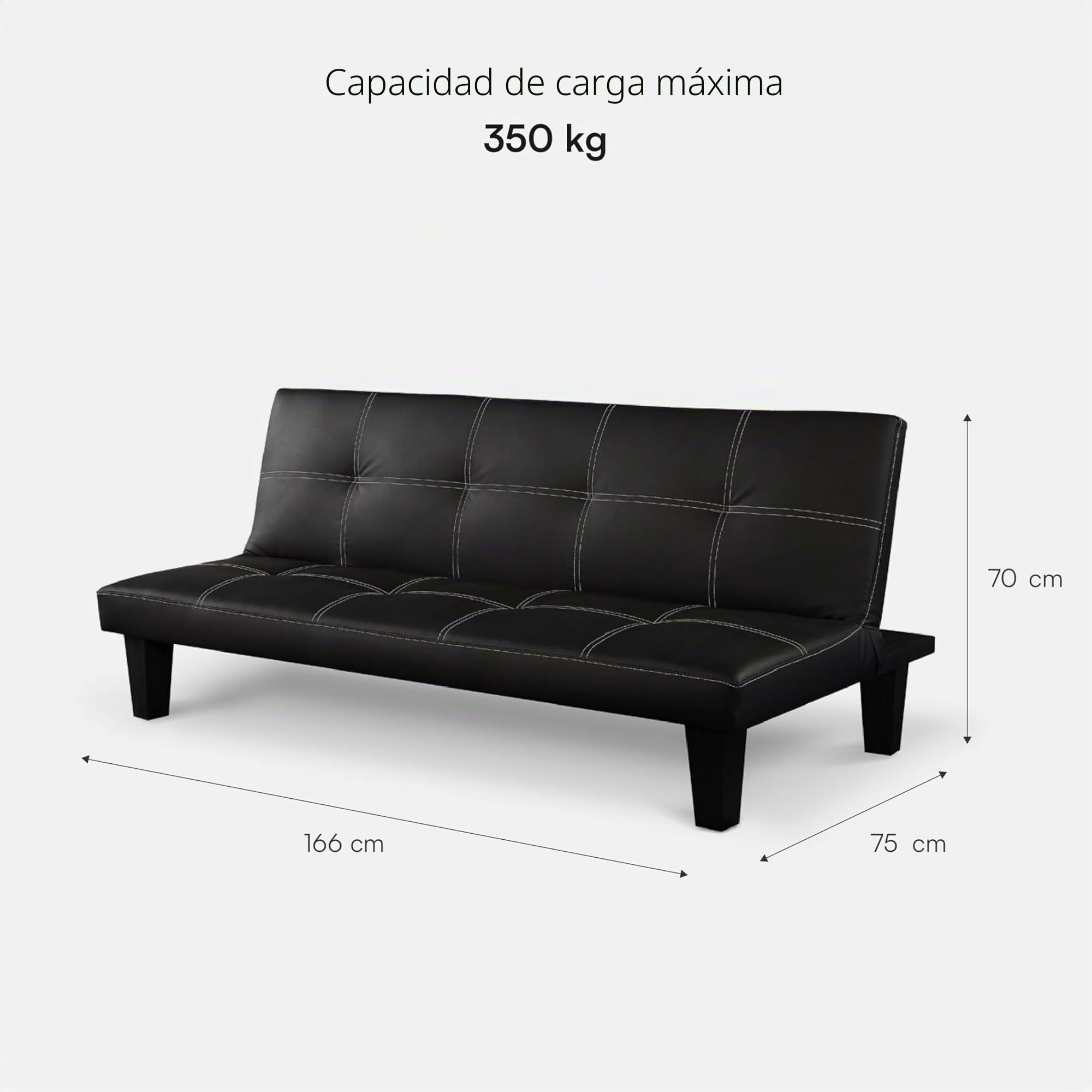 Baroni Home Sofá cama de piel sintética de 3 plazas convertible en cama acolchado, sofá reclinable con patas de plástico para salón, habitación de invitados, apertura 88 cm, 166 x 75 x 70 cm, piel