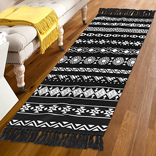 Gomuvin Boho Runner Rugs 2'X8', Black And White Area Rug With Tassel, Woven Washable Hallway Runner Moroccan Cotton Rug Throw Rugs Decor For Bedroom Living Room Laundry #TOP4
