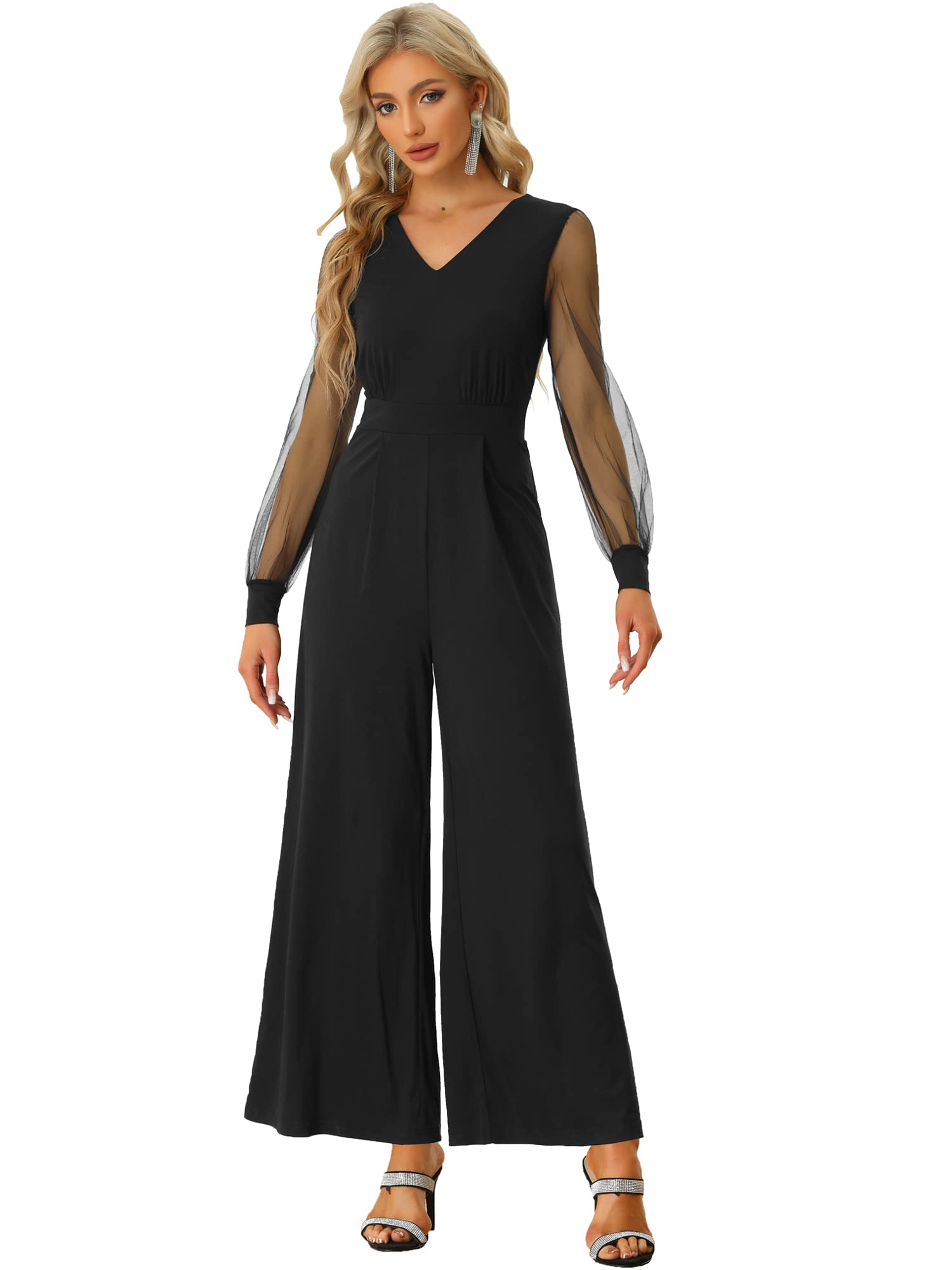 Size M )Allegra K Women's Elegant V Neck Mesh Long Sleeve Loose Wide Leg Romper Party Jumpsuits
