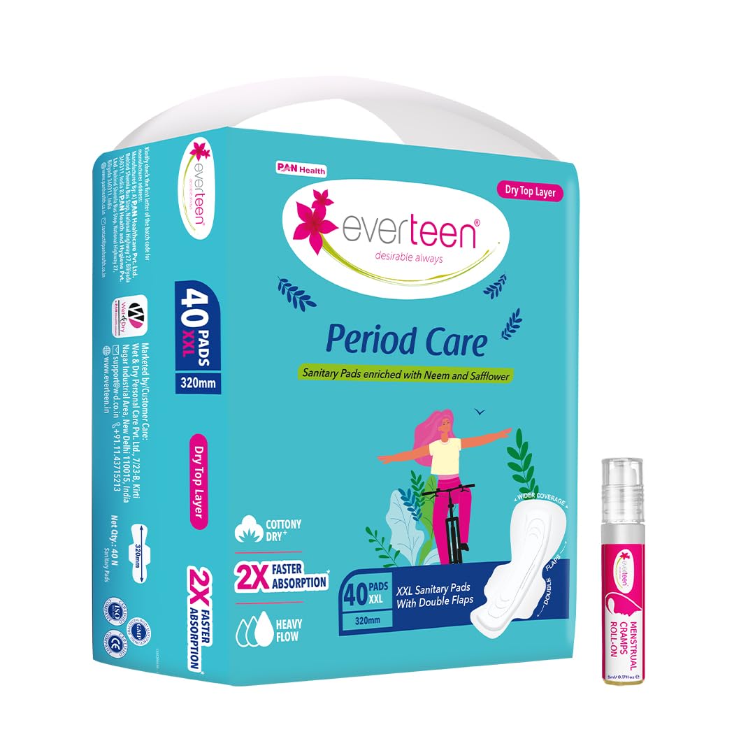 Everteen Combo 40 Xxl Dry Neem Safflower Sanitary Pads With Free Menstrual Period Pain Relief Cramps Roll-On (5Ml), Pack Of 1 (B0BZ3Y72CP) Amazon Price History, Amazon Price Tracker