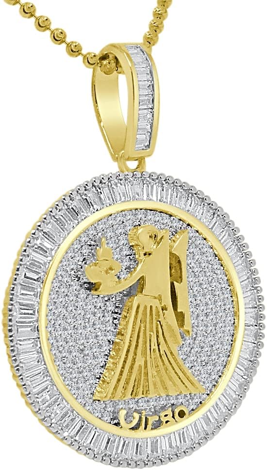 VVS1/D 4.55 Ctw. 14k Solid Yellow Gold Bonded Baguette/Round Cut Lab Grown Diamonds Zodiac Lucky Birth Sign Symbol Astrology Horoscope Pendant Charm Chain Neckless Set Unisex