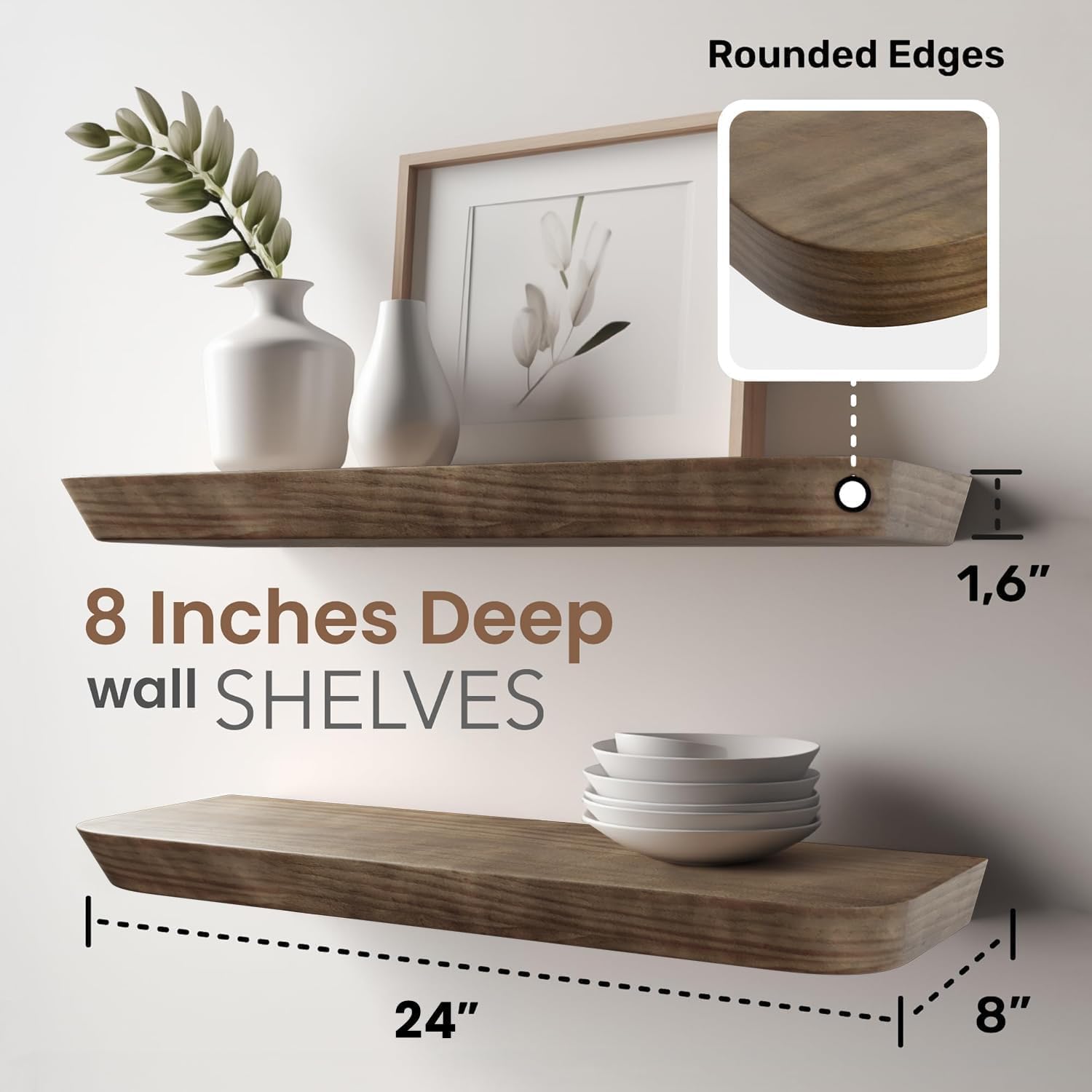 Wood Floating Shelves 24 inch (Set of 2) - Premium Wood Shelves -Wooden Floating Shelves for Wall Mounted -Heavy Duty Floating Bathroom Shelves -8 Inch Deep Shelf - American Walnut, Matte image 2