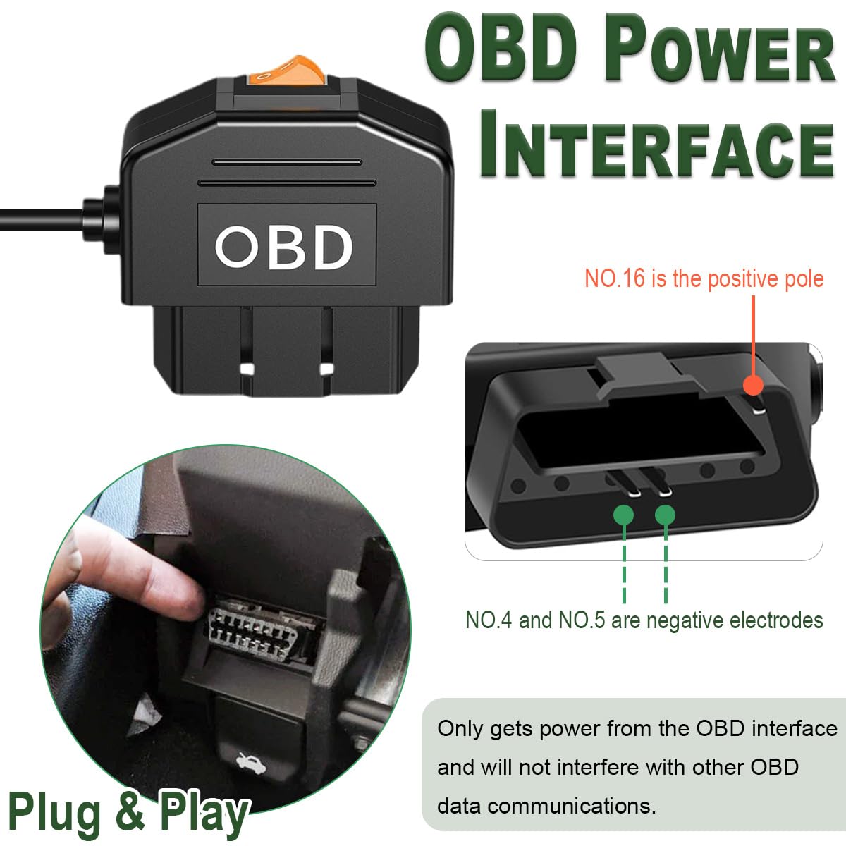 Kabel zasilający OBD do kamery pokładowej, adapter OBD na USB typu C (kąt prosty), stały kabel do ładowania, 12 V/24 V na 5 V 3 A, z przyspieszonym nagrywaniem (3,5 m)