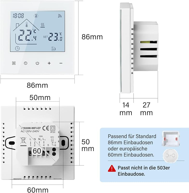 BEOK CONTROLS Okos Termosztát WiFi Kazán Fűtés Programozható Szobatermosztát Padlófűtés LCD Kijelző Fehér