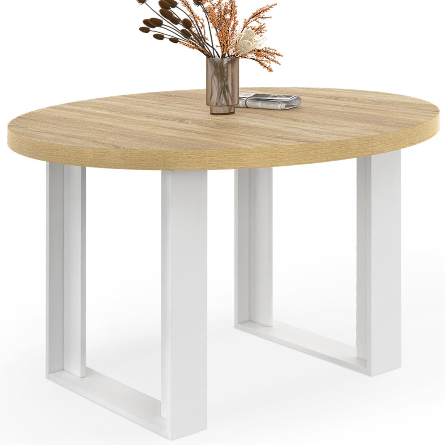 IDMarket Phoenix - Mesa de comedor fija redonda para 4 personas, madera y blanco, 110 cm