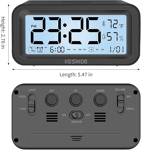 Miniatura 2 de Reloj despertador digital con luz nocturna, funciona con pilas, con temperatura interior y humedad, reloj pequeño de escritorio, modelo con función