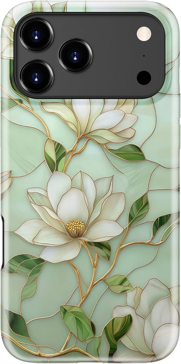 for iPhone 17 Pro Max Case Cute - Wireless Charging Compatible - Dual-Layer Hard Shell + Silicone Cover - Aesthetic Protective Phone Case for Women - Vintage Magnolia Flowers