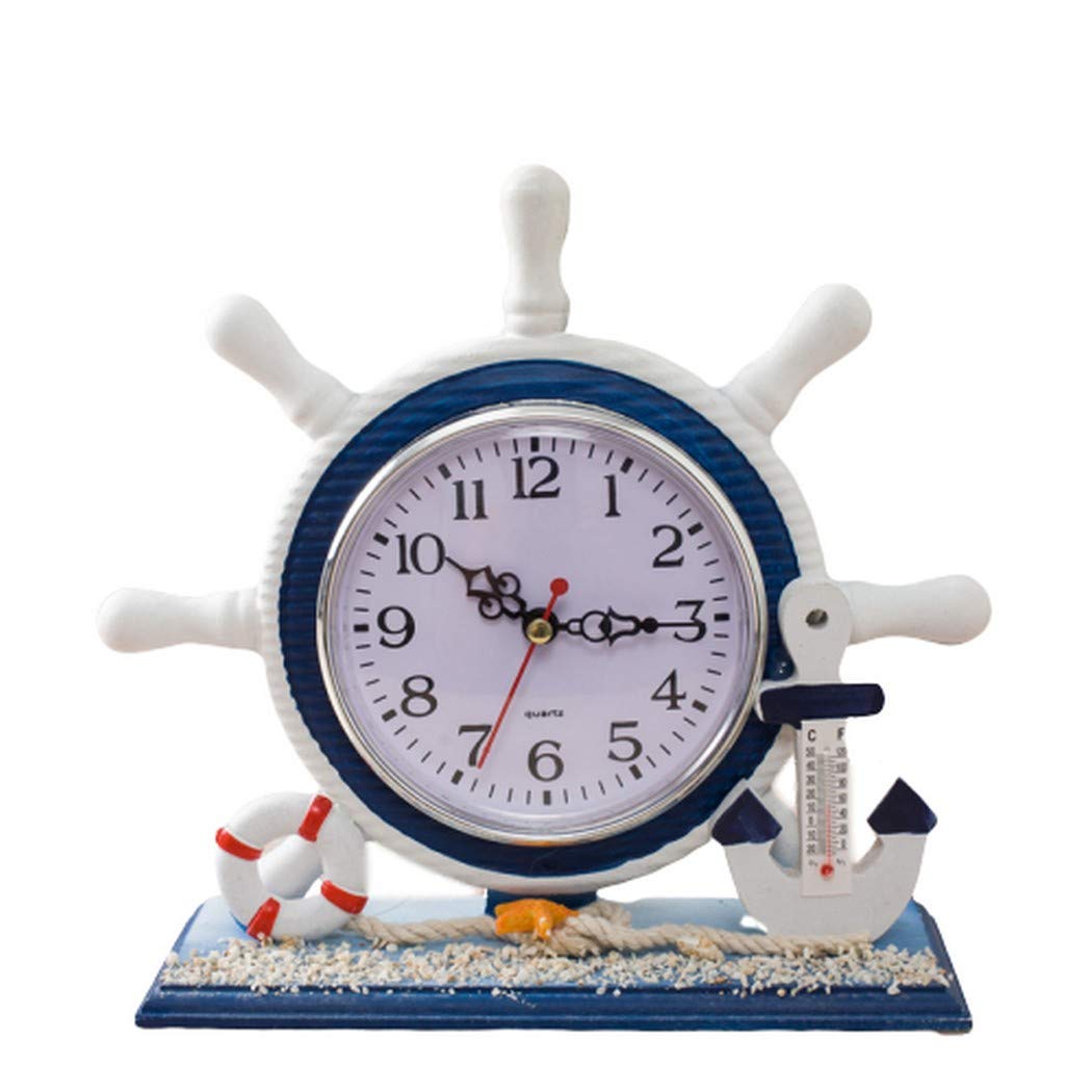 Swhong White/Cream Ship Wheel Rudder Table Clock Beach Sea Theme Non Ticking Mediterranean Clocks For Home Bedroom