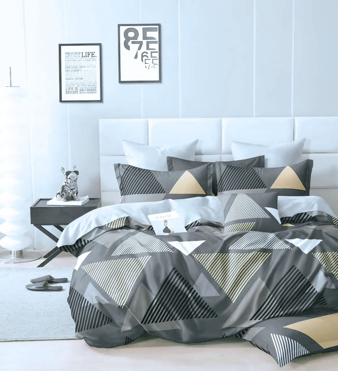 KETOSTICS Soft Glace Cotton Designer Printed Diwan Set, 1 Single Bedsheet, 2 Bolster Covers, 5 Cushion Covers (Brown, Standard) - 8 Piece (Grey Triangle)