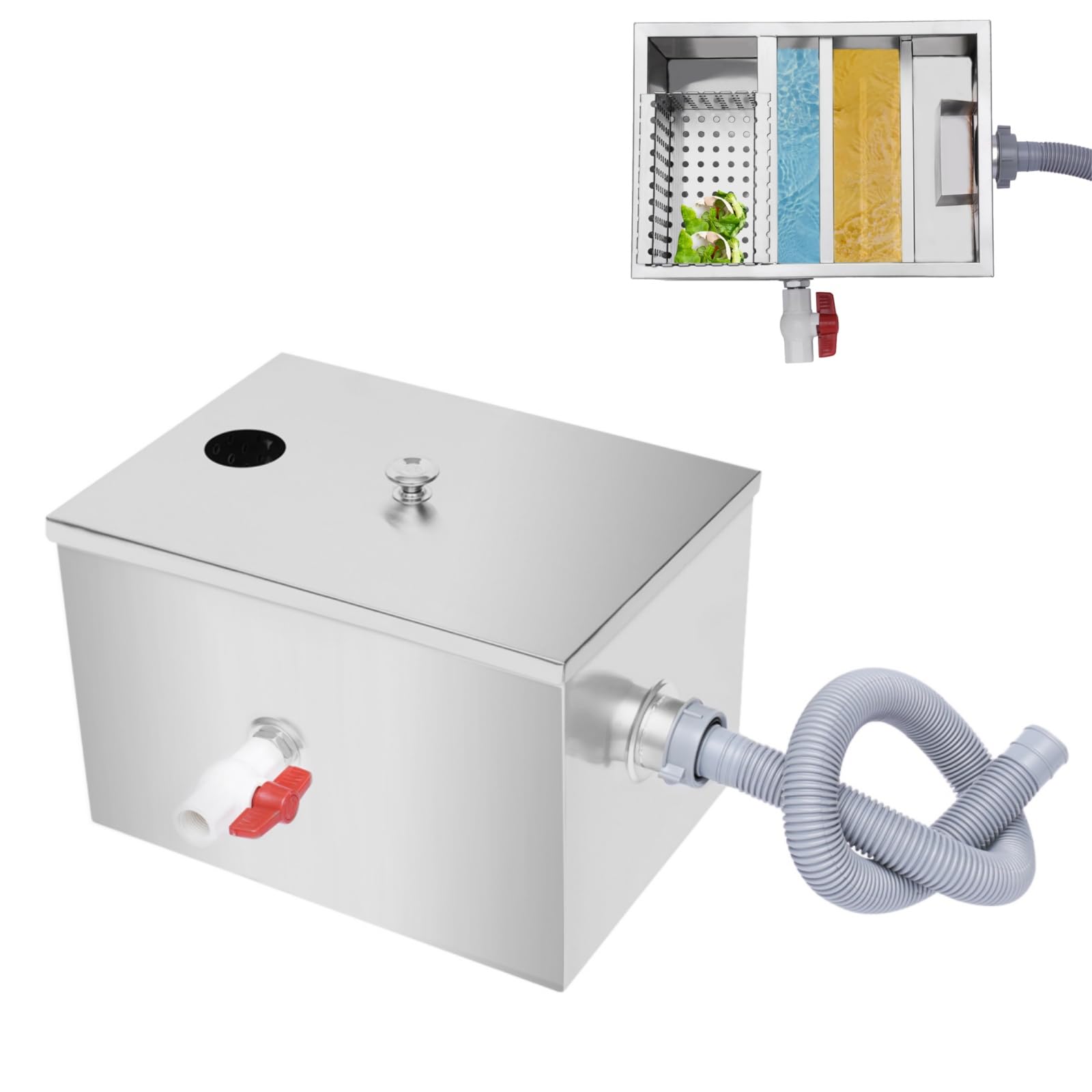 Séparateur de graisse en acier inoxydable 18-20 l - Séparateur de graisse commercial - Séparateur d'huile de cuisine - Séparateur de graisse - Évacuation - 4 niveaux de filtration - Fermeture