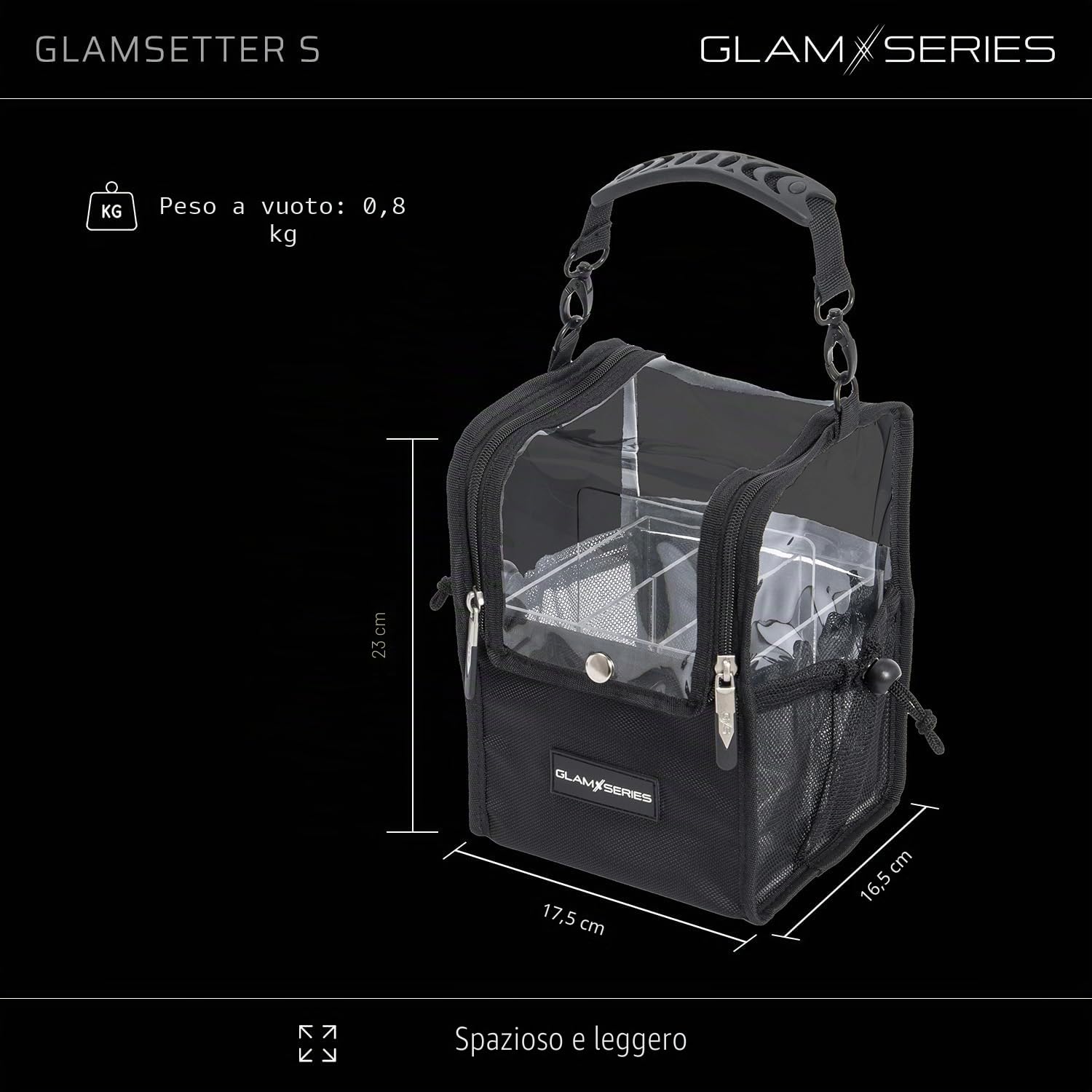 GlamSetter S Borsa per trucco 175 x 165 x 230 mm, beauty case trasparente con diverse opzioni di trasporto