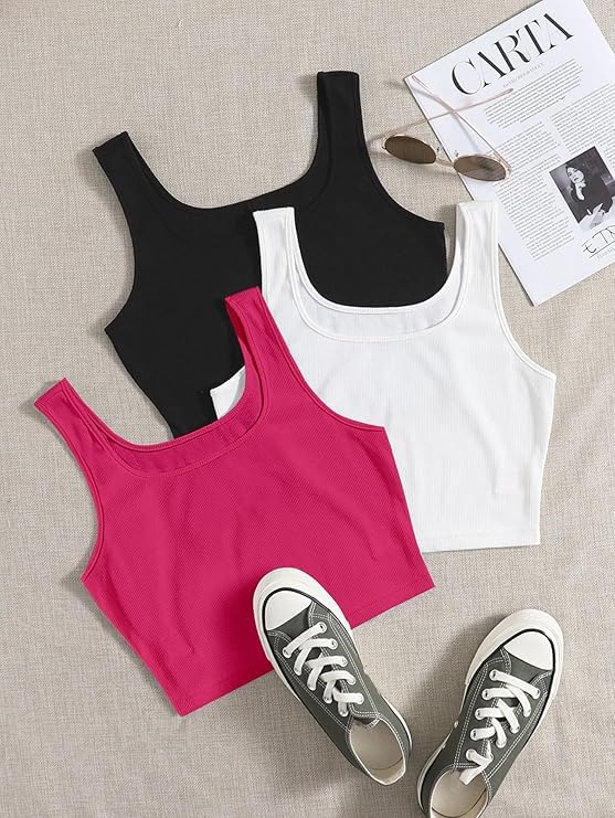 Image of Toochki Women's Knitted Sleeveless Solid Sqaure Neck Ribbed Tank & Crop Tops (Pack of 3)