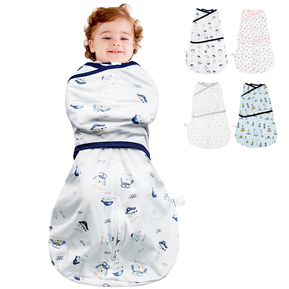 HINATAA Baby Schlafsäcke Neugeborene, Pucksack Baby Baumwolle, 3 Wege Verstellbar Wearable Wickeldecke baby Swaddle Transition, Baby Pucktücher Jungen Mädchen (Blau, 4-7 Monate)