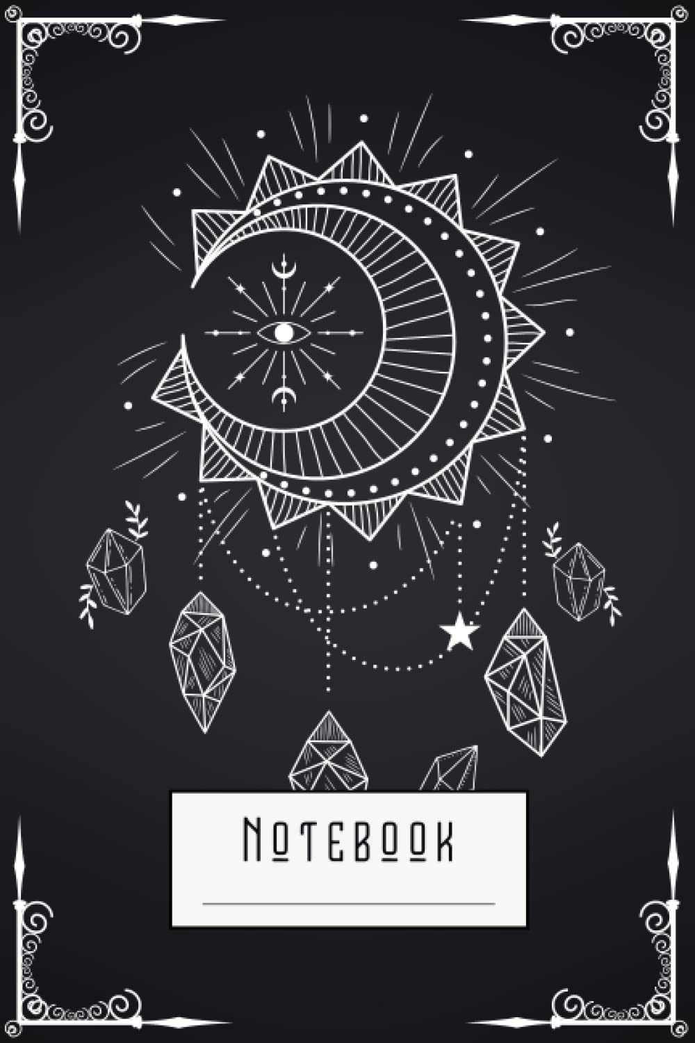 Notebook: Moon Magick Crystals | Black Journal, Diary or Spellbook for Women | 120 Blank Lined Pages | Witchy Vibes Journal