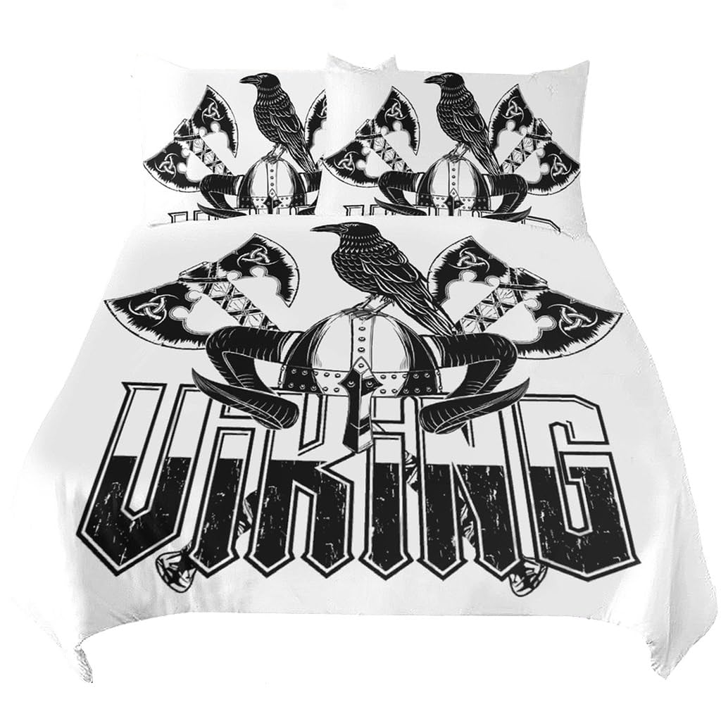 Housse de couette Viking blanche 200x229cm avec 2 taies d'oreiller mythologie