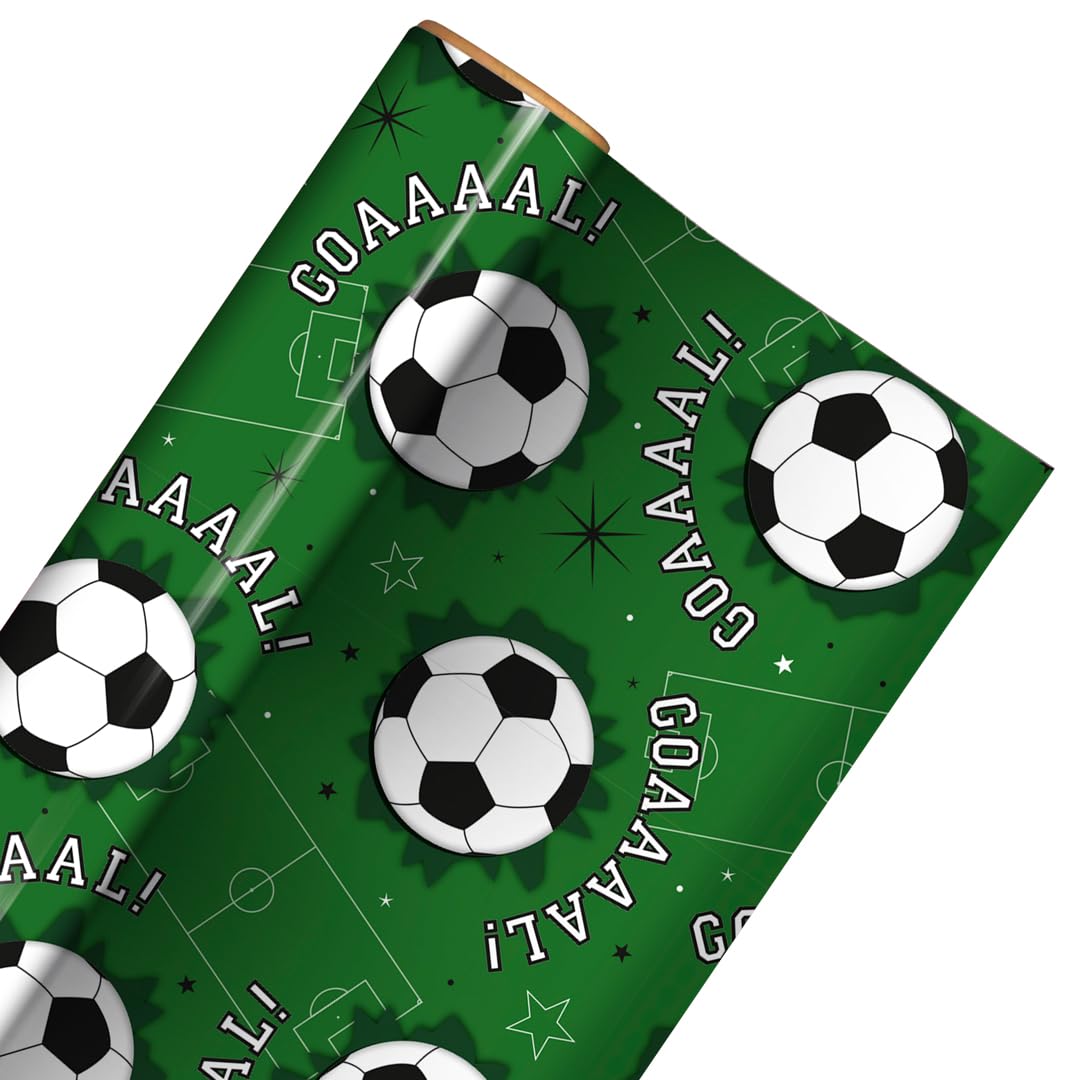 Football Goal Gift Wrapping Paper Roll 3m – Green Goaaaal Birthday Gift Wrap 70cm Wide, Recyclable Present Paper