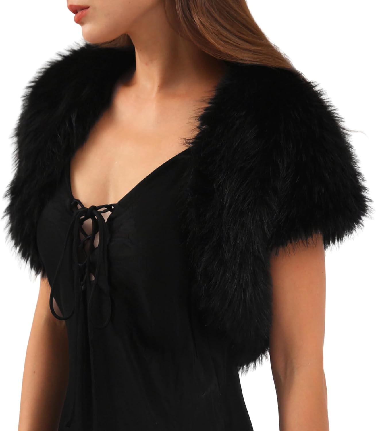 Amazhiyu Women Faux Fur Bolero Shrug Cap Sleeve Crop Cardigan for Evening Dress - Image 3