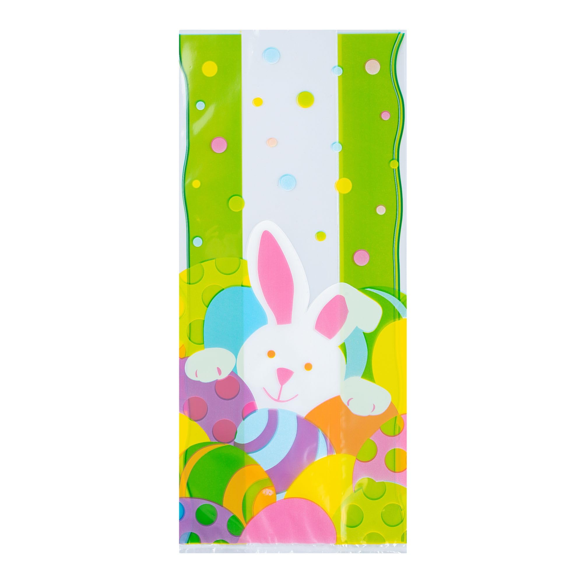 Restaurantware Bolsas de dulces Bag Tek de 5 x 3 x 11 pulgadas, 100 bolsas de dulces impresas con fuelle – Conejo de Pascua, lazos giratorios se venden por separado, bolsas de plástico para caramelos